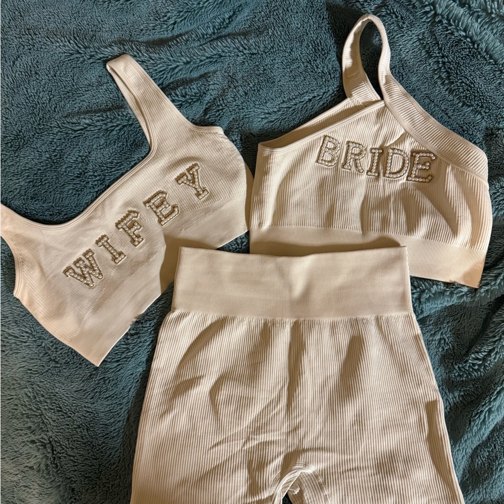 White Ribbed 'Wifey' and 'Bride' activewear Set